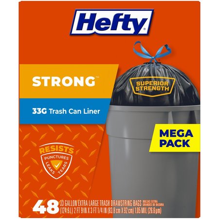 HEFTY Extra Strong 33 gal Trash Can Liners Drawstring 48 pk, 48PK E86048